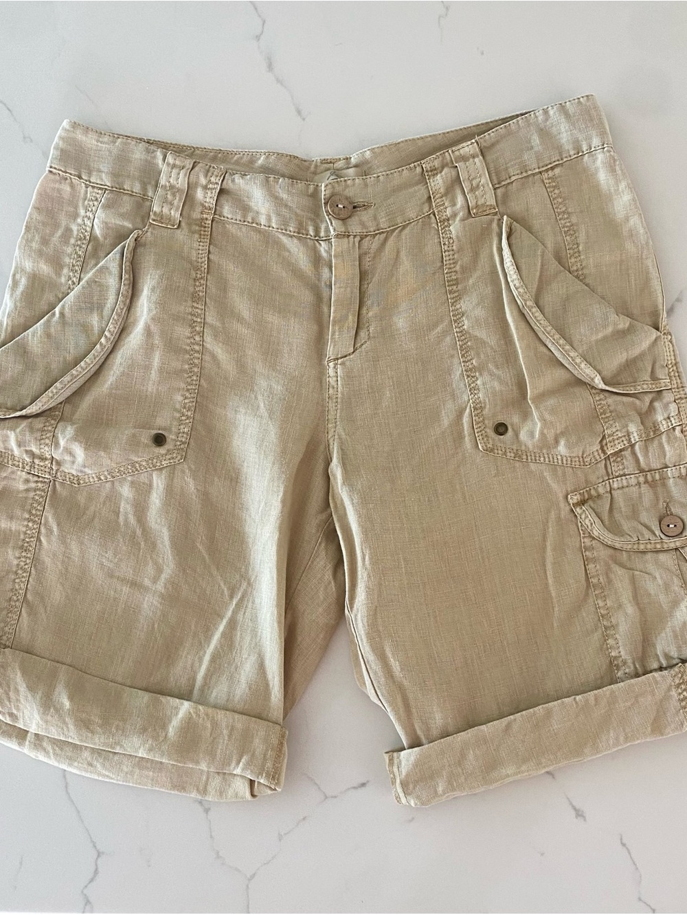 Joie 100% Linen Cargo Shorts Beige Khaki Cuffed Utility Boho Beachy, size 4